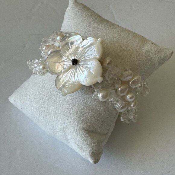 Flower Gen Mother Of Pearl Quartz White Sterling Triple Strand Vintage Bracelet - Picture 6 of 9
